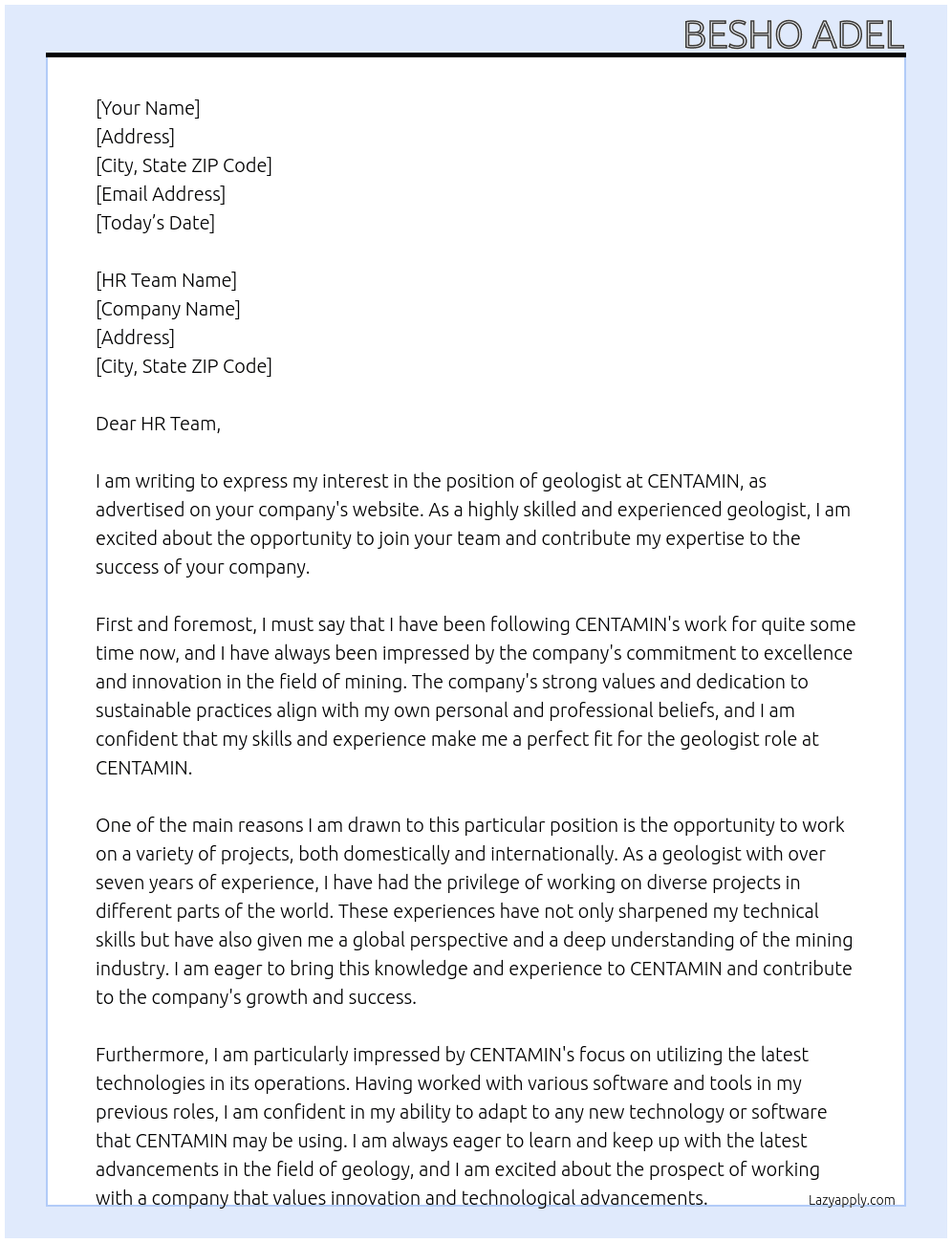 geologist At CENTAMIN Cover Letter