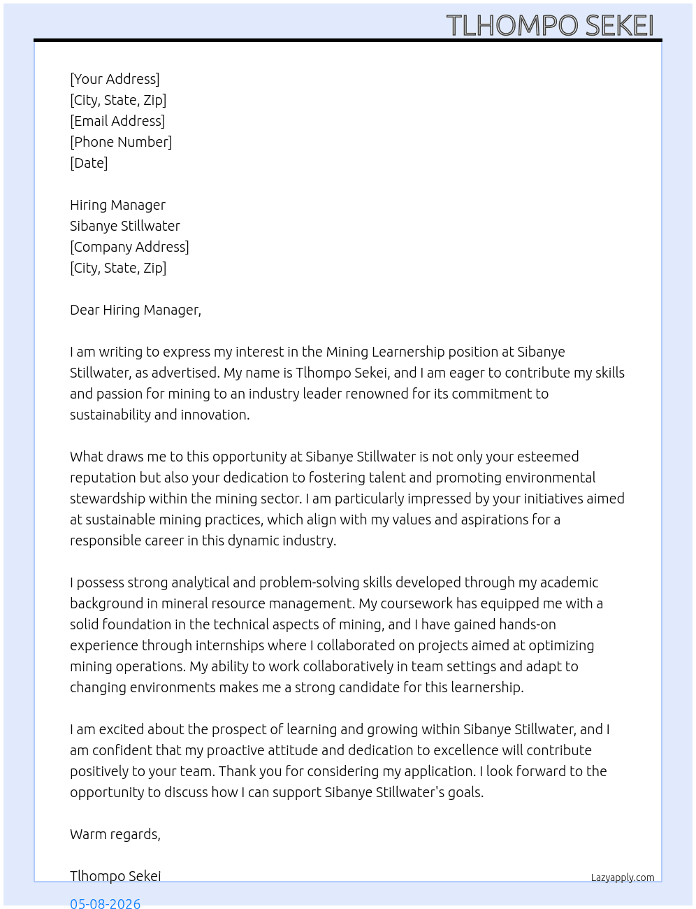 Cover letter for mining learnership - LazyApply