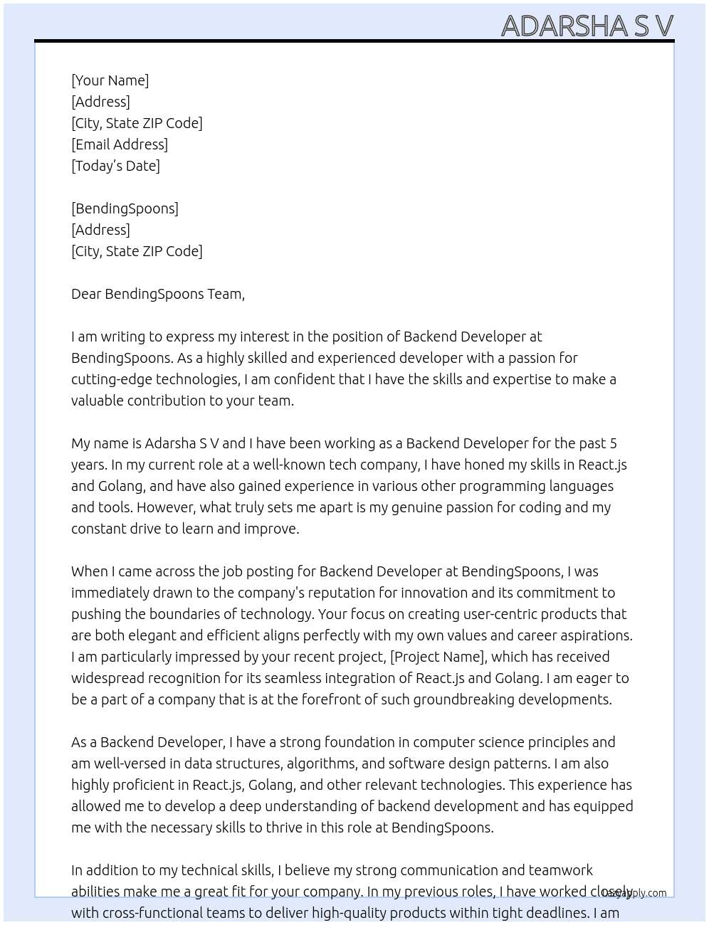 backend developer At BendingSpoons Cover Letter