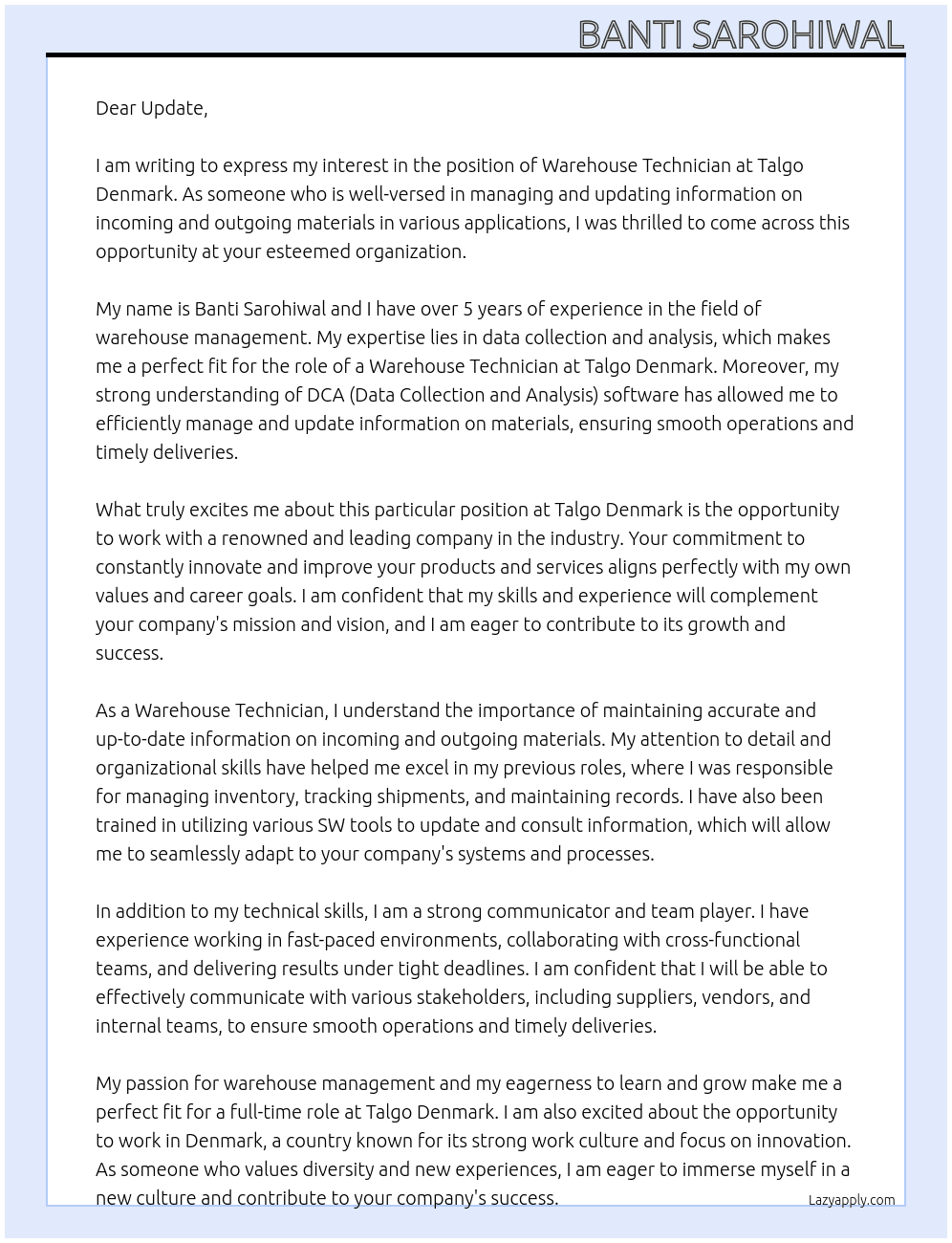 Warehouse technician  At Talgo denmark Cover Letter
