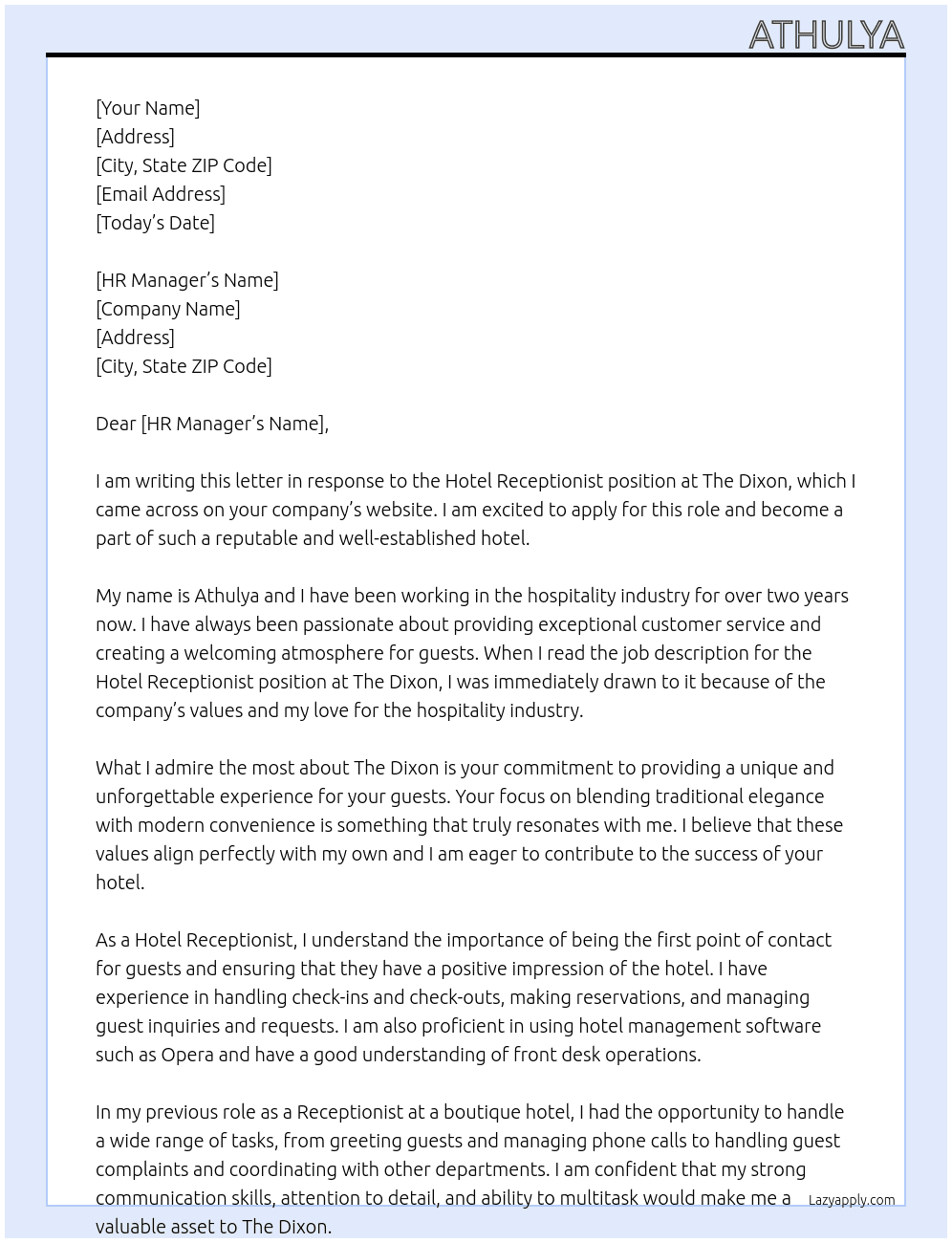 Hotel Receptionist  At The Dixon Cover Letter