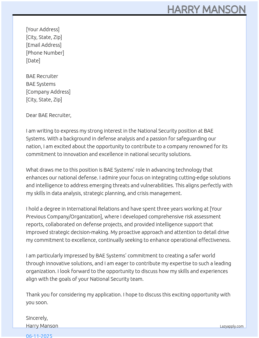 National Security career At BAE Systems  Cover Letter