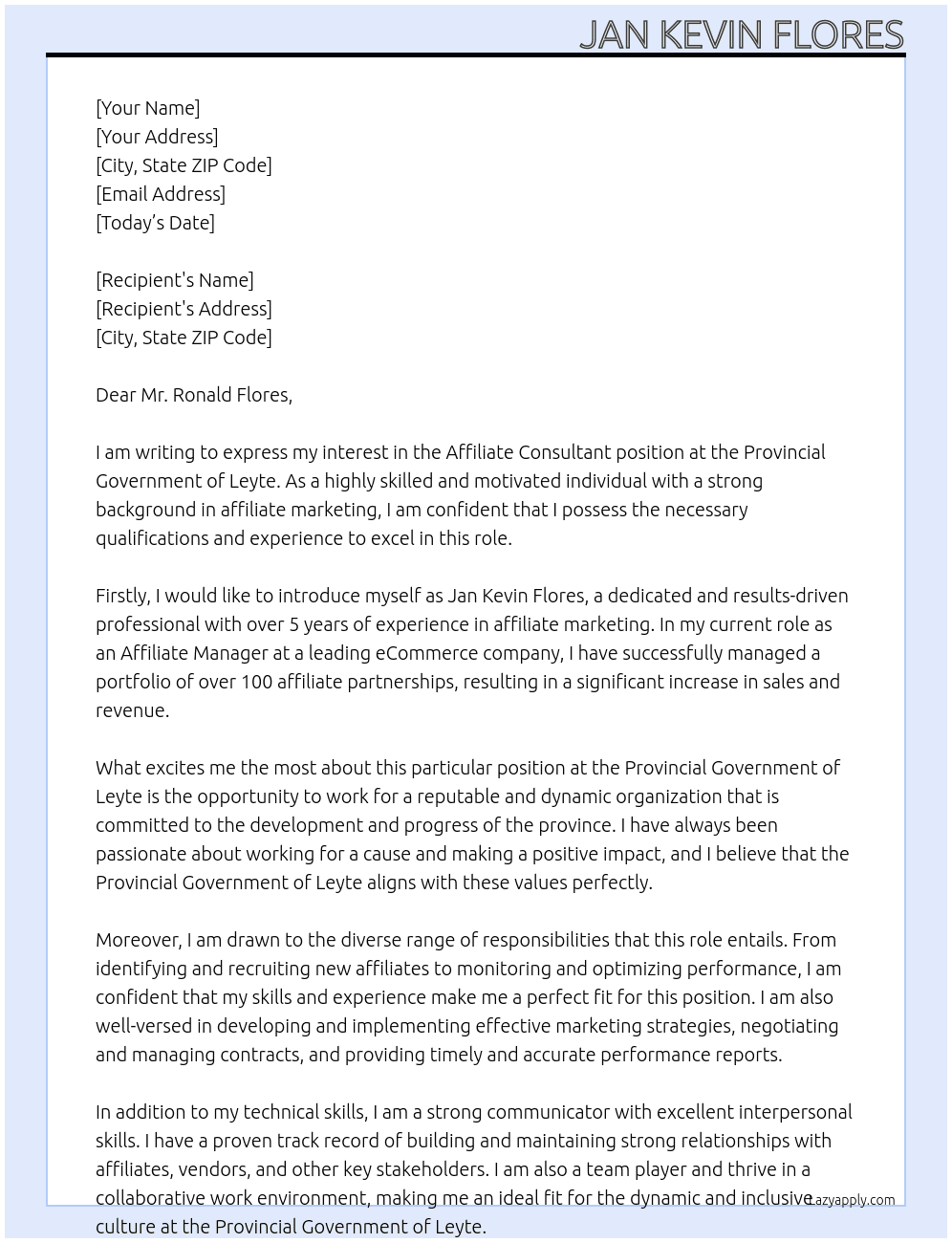 Affiliate consultant At Provincial Government of Leyte Cover Letter