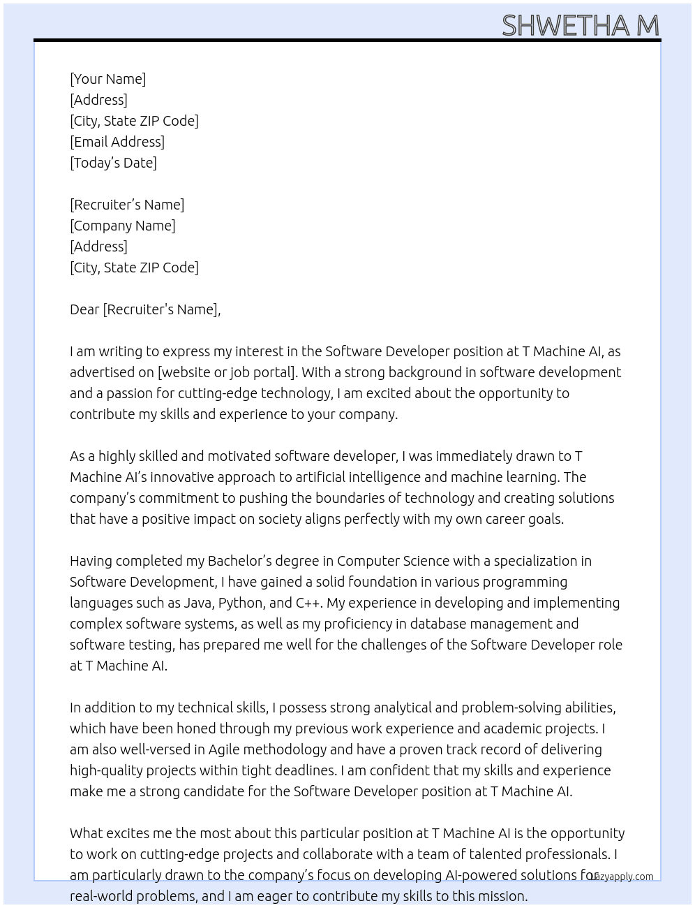 Software Developer At T Machine AI Cover Letter