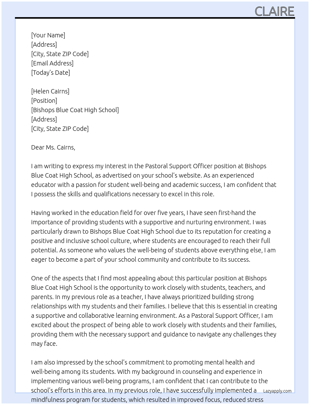 Pastoral Support Officer At Bishops Blue Coat High school Cover Letter