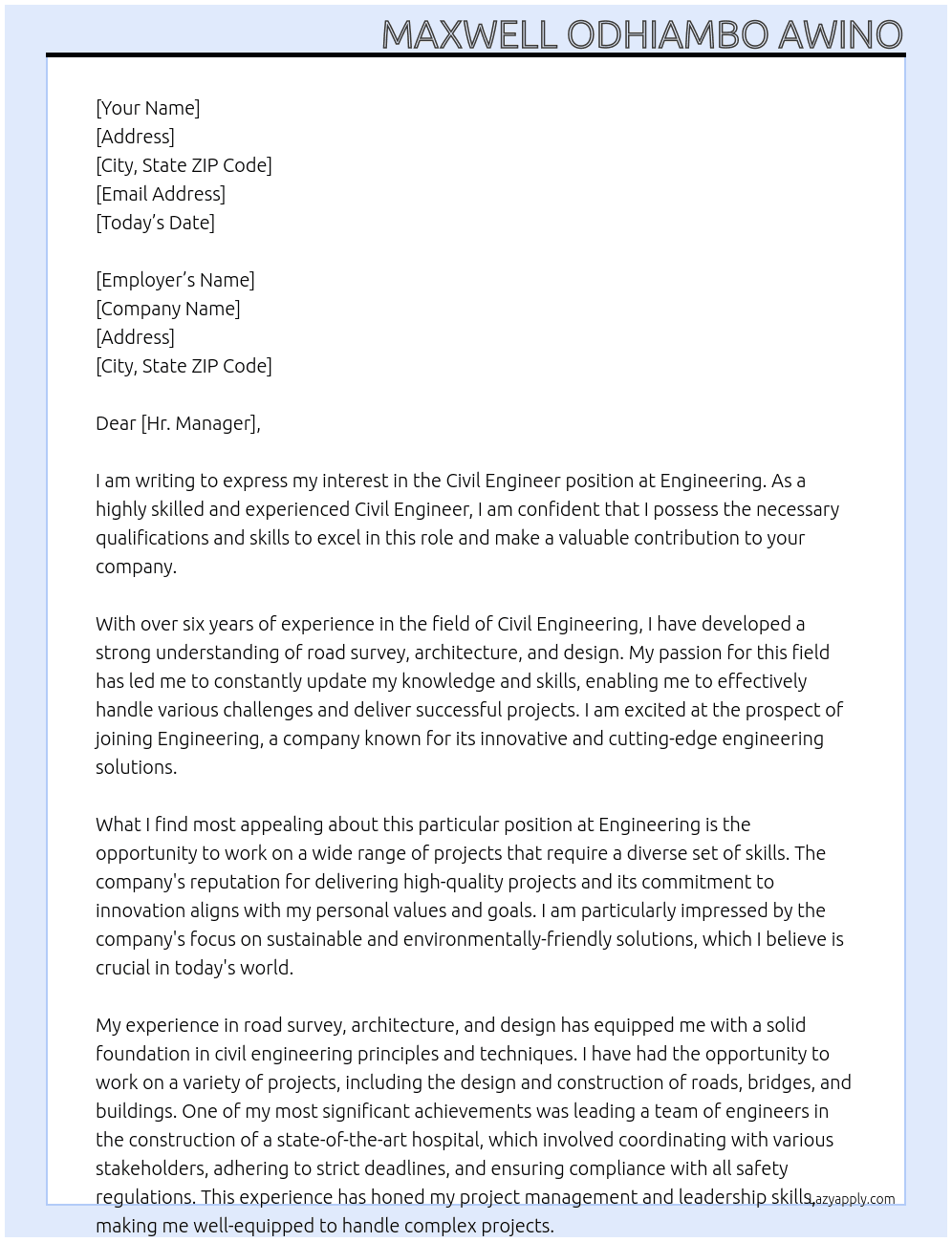 Civil Engineer At Enginnering Cover Letter