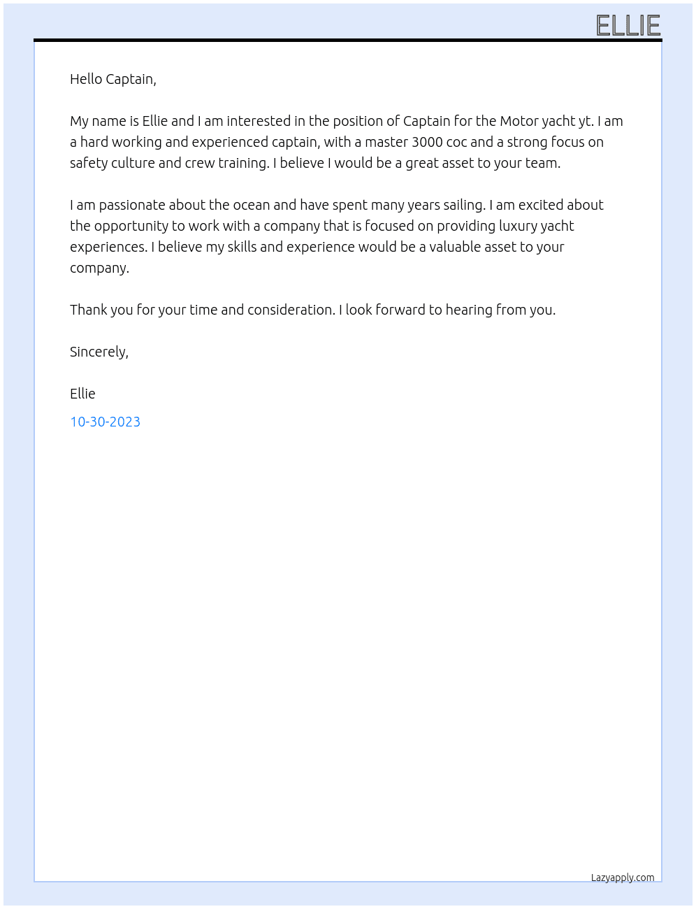 Captain At Motor yacht yt Cover Letter