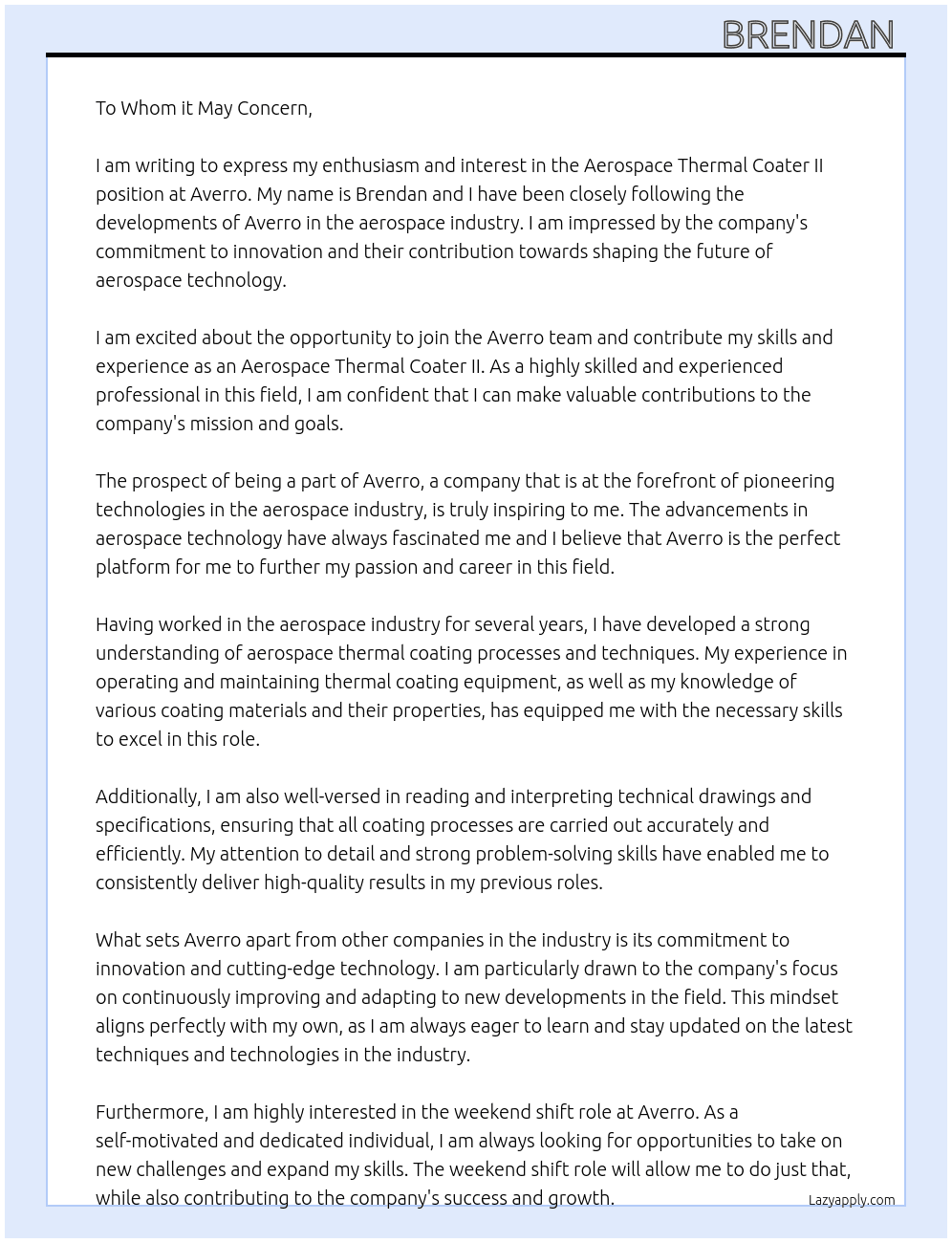 Aerospace thermal coater II At Averro Cover Letter