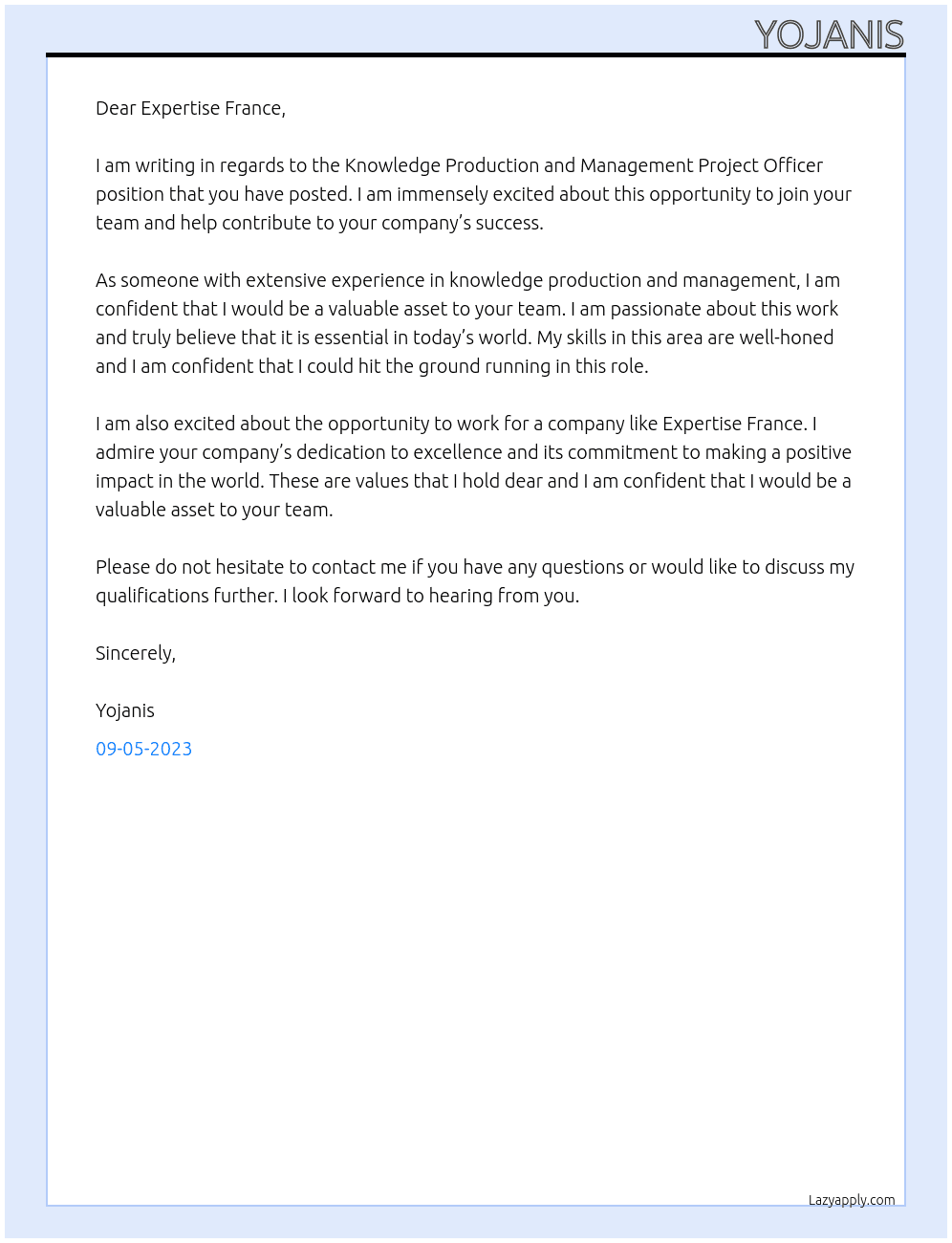 Knowledge Production and Management Project Officer At Expertise France Cover Letter