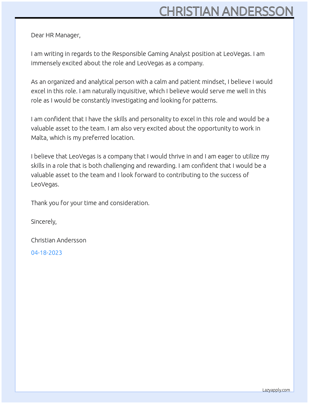 Responsible Gaming Analyst  At LeoVegas Cover Letter