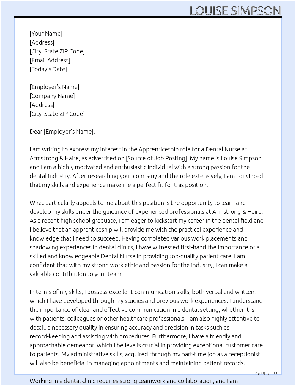 Apprentice Dental Nurse At Armstrong & Haire Cover Letter