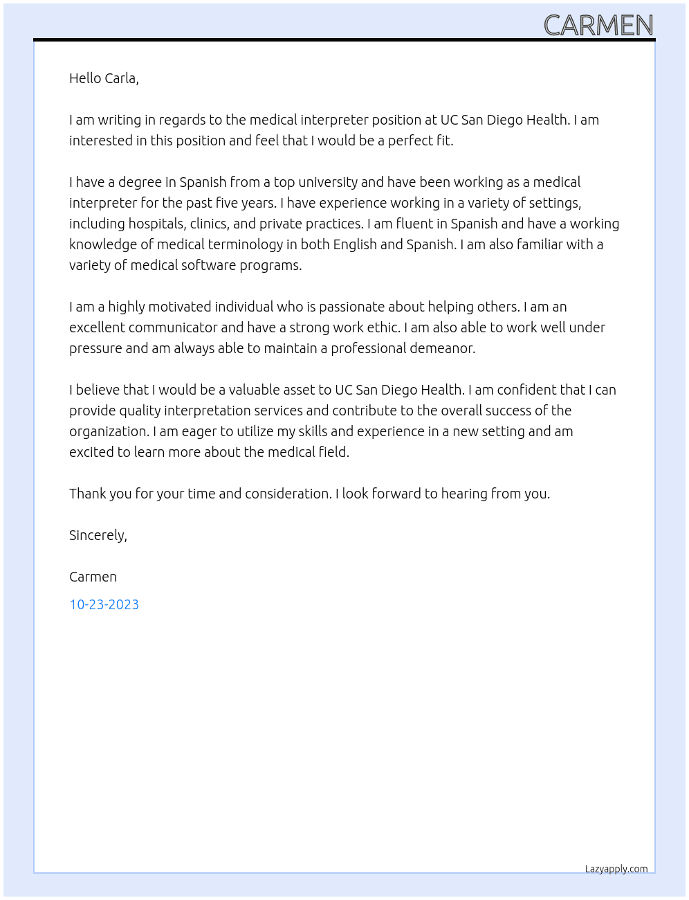 Medical Interpreter At UC San Diego Health Cover Letter