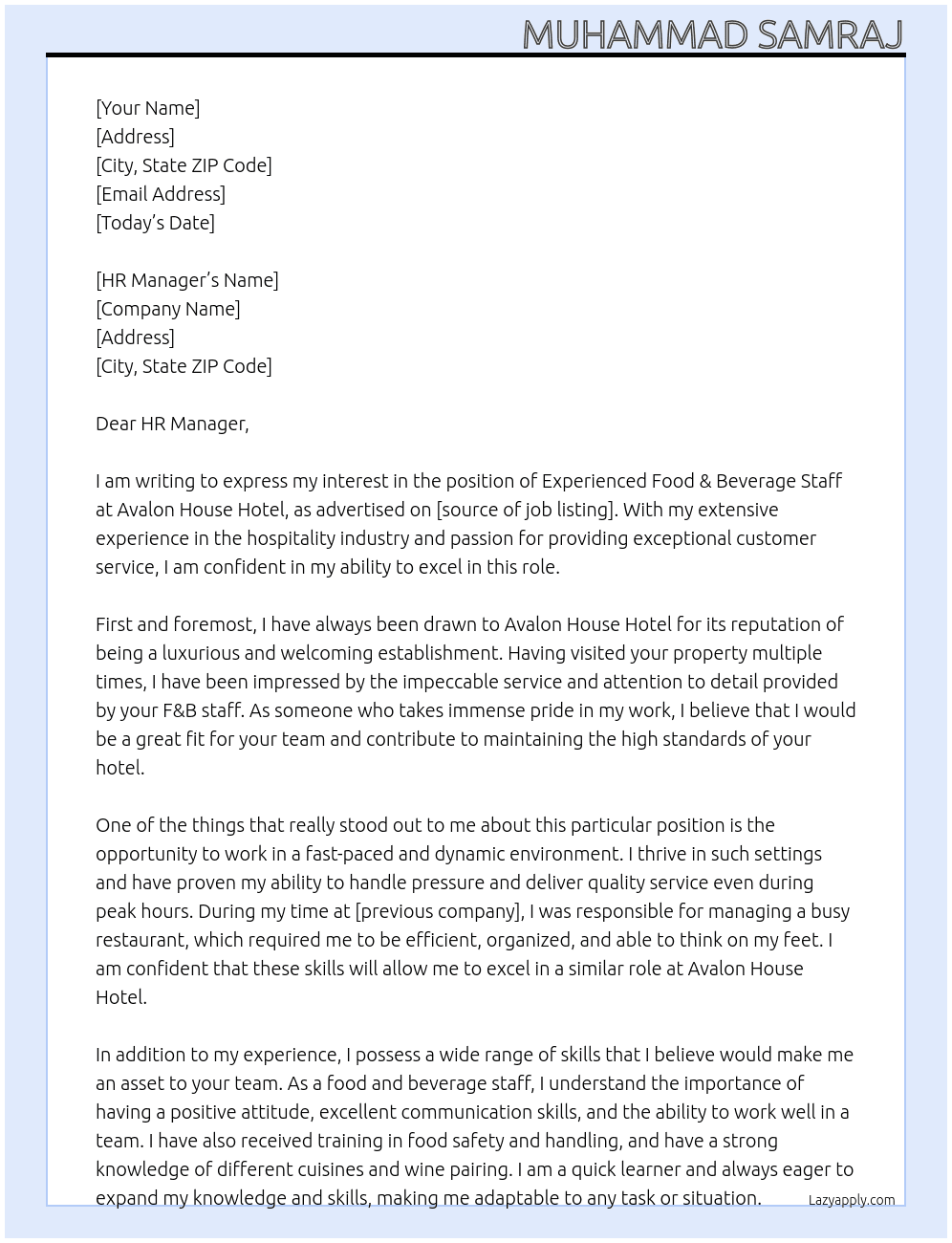 Experienced Food & Beverage Staff  At Avalon House Hotel Cover Letter
