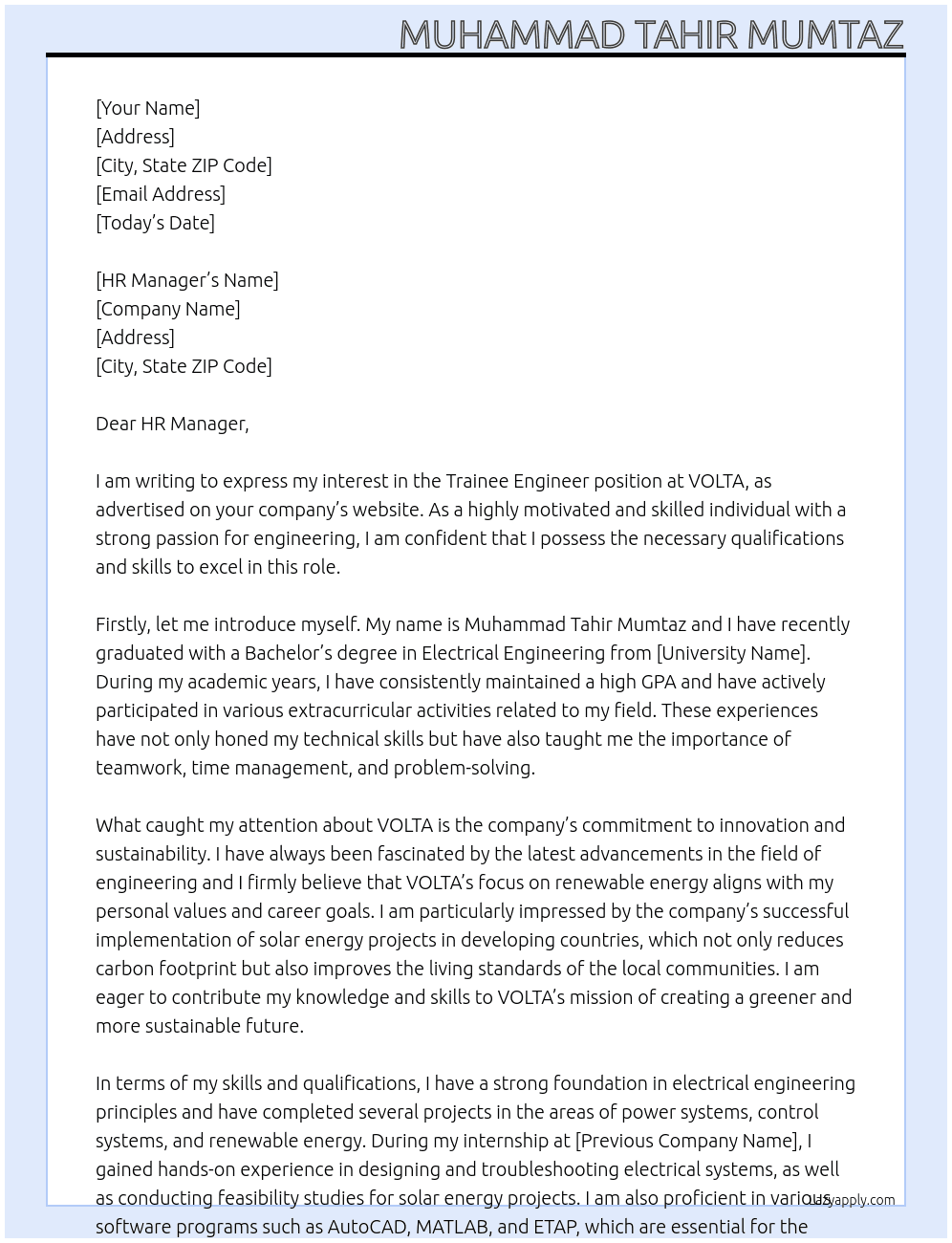 Trainee Engineer At VOLTA Cover Letter