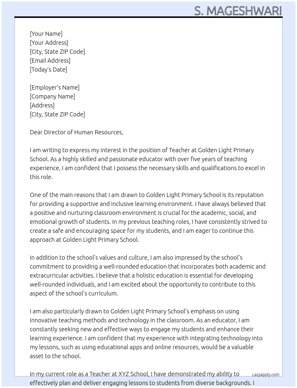 Teacher At Golden light primary school Cover Letter