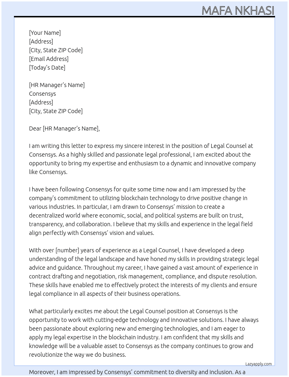 Legal Counsel At Consensys Cover Letter