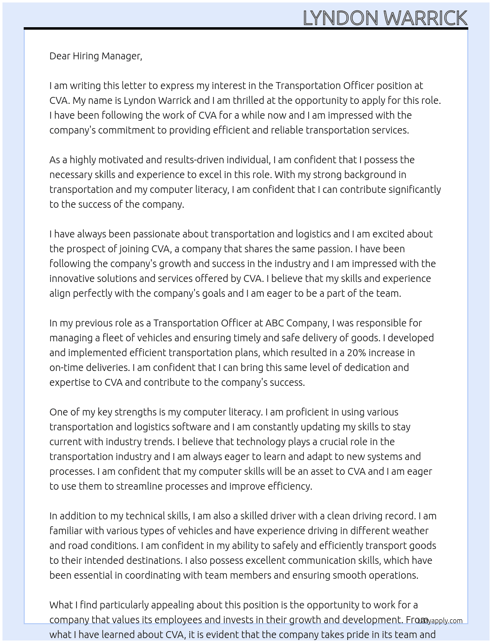 Transportation Officer At CVA Cover Letter