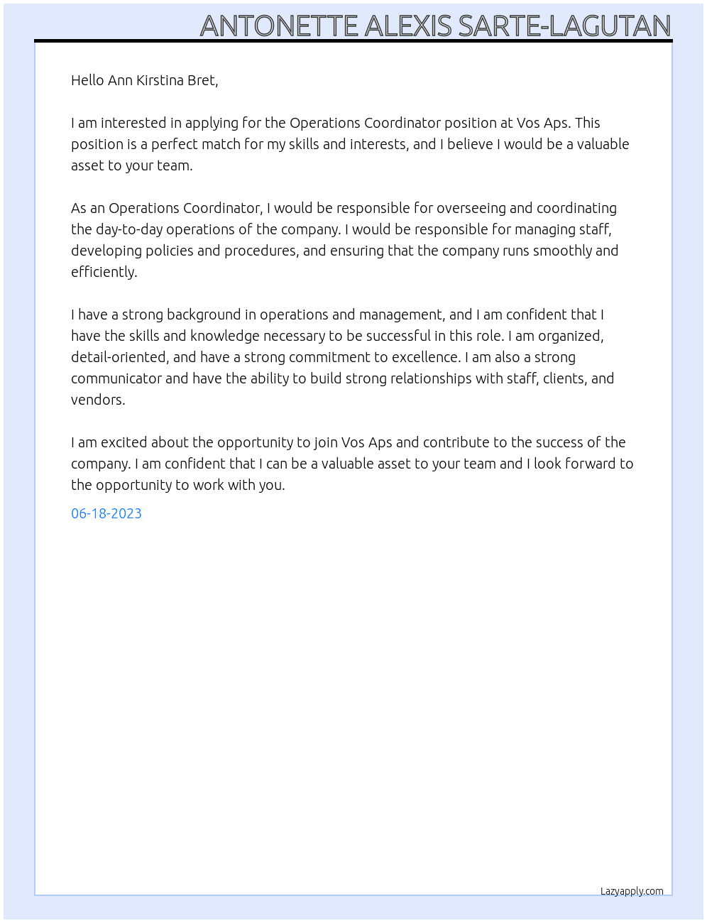 Operations Coordinator At Vos Aps Cover Letter