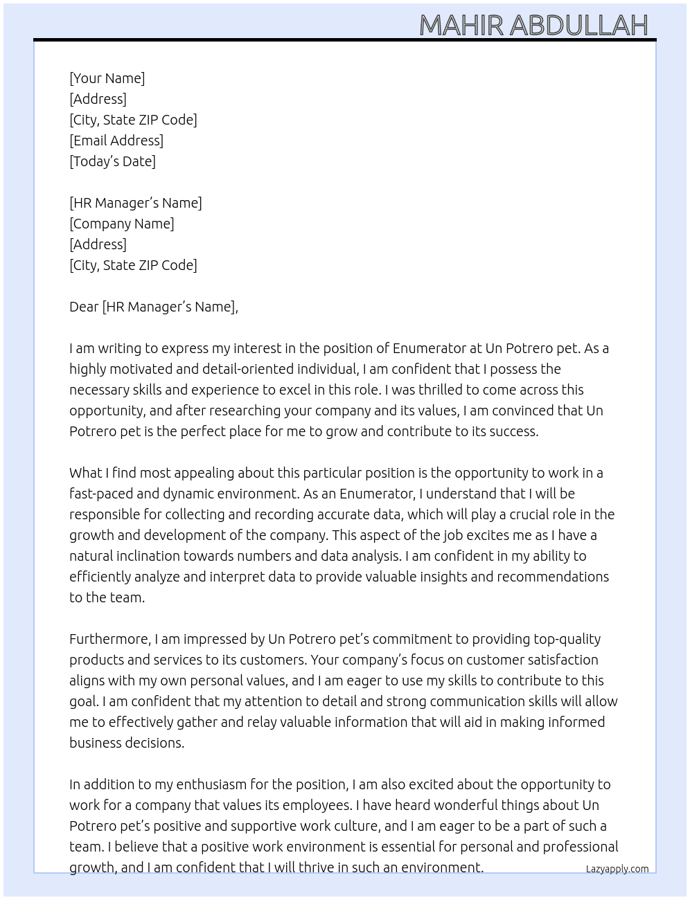 Enumerator  At Un Potrero pet Cover Letter