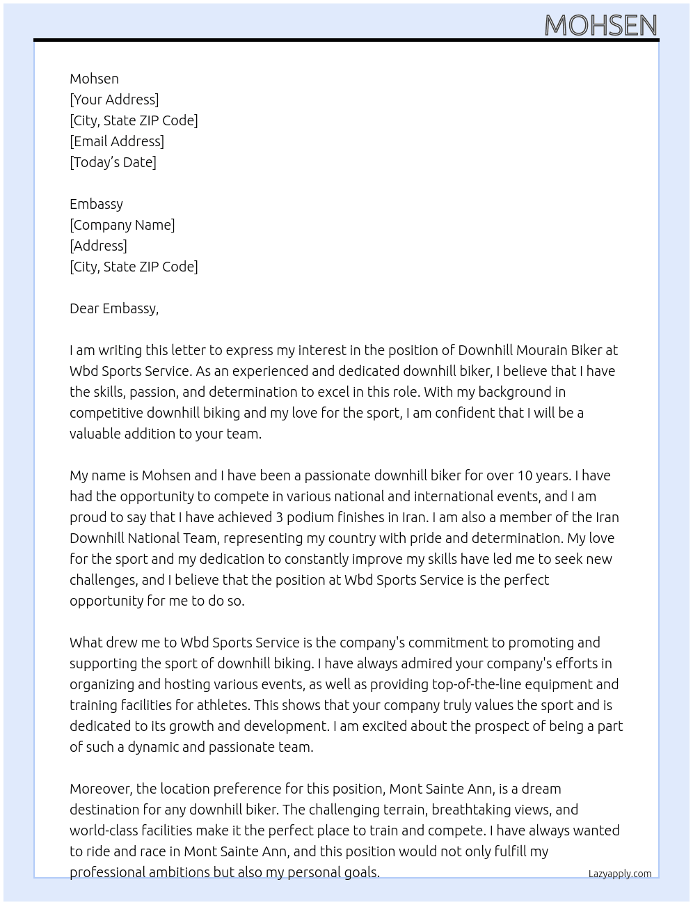 Downhill mourain biker At Wbd sports service Cover Letter