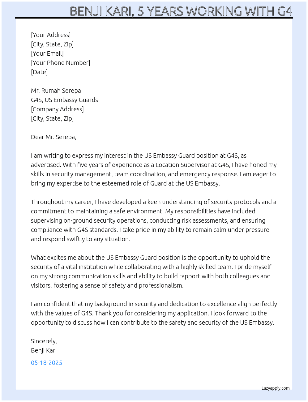 US Embassy Guard  At G4S _US Embassy Guards  Cover Letter