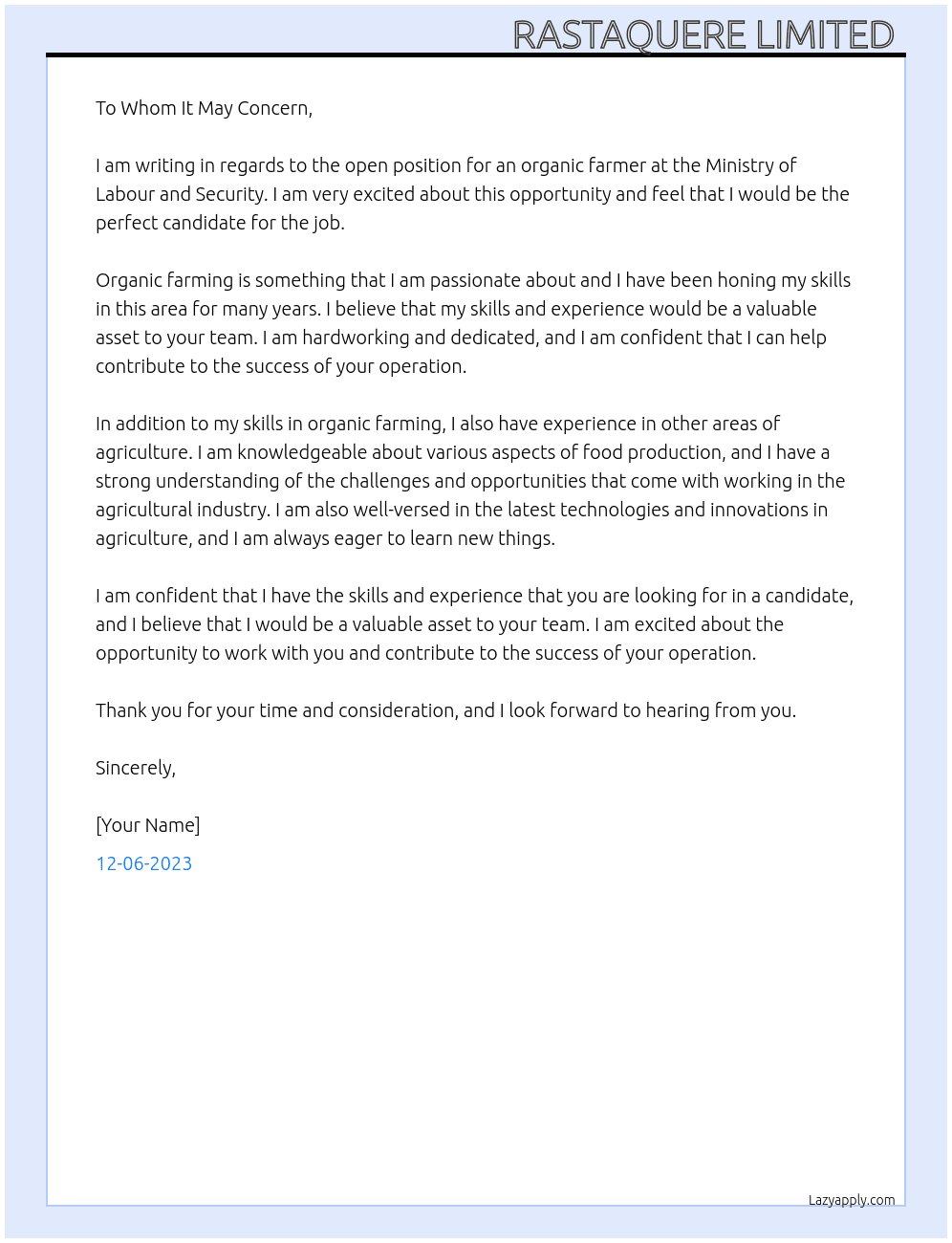 Organic Farmer  At Work Permit  Cover Letter