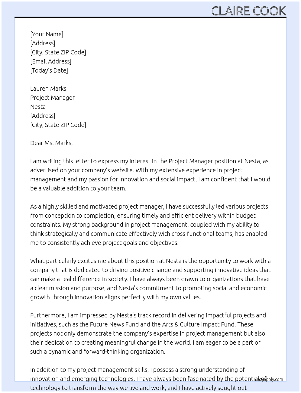 Project Manager At Nesta Cover Letter