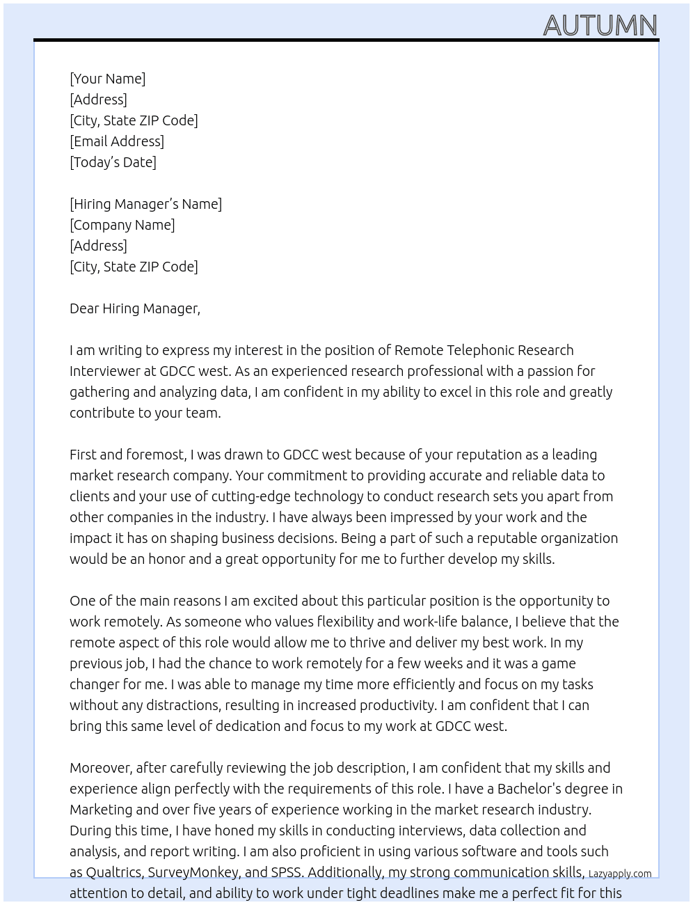 Remote Telephonic Research Interviewer At Gdcc west Cover Letter