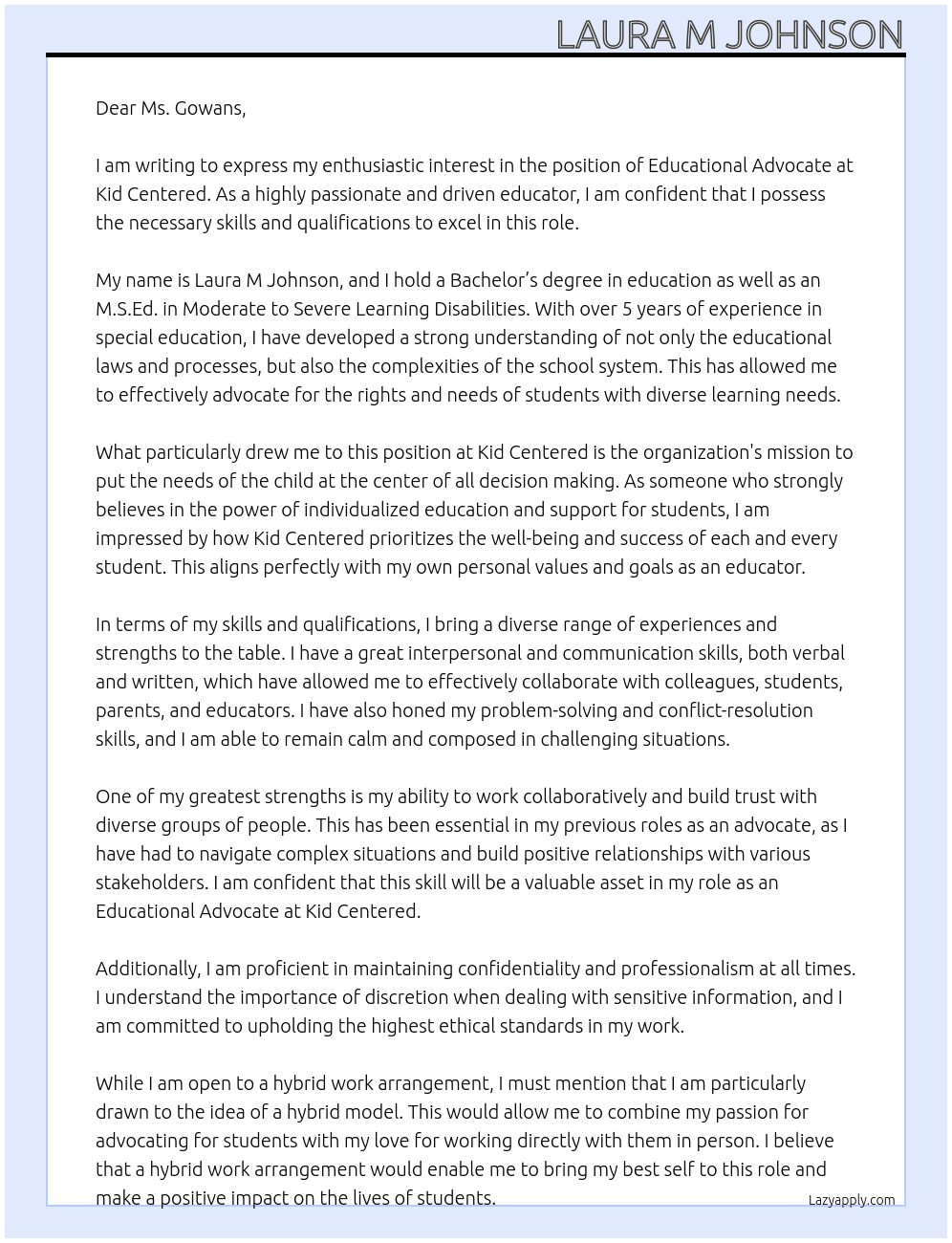 Educational Advocate At Kid Centered Cover Letter