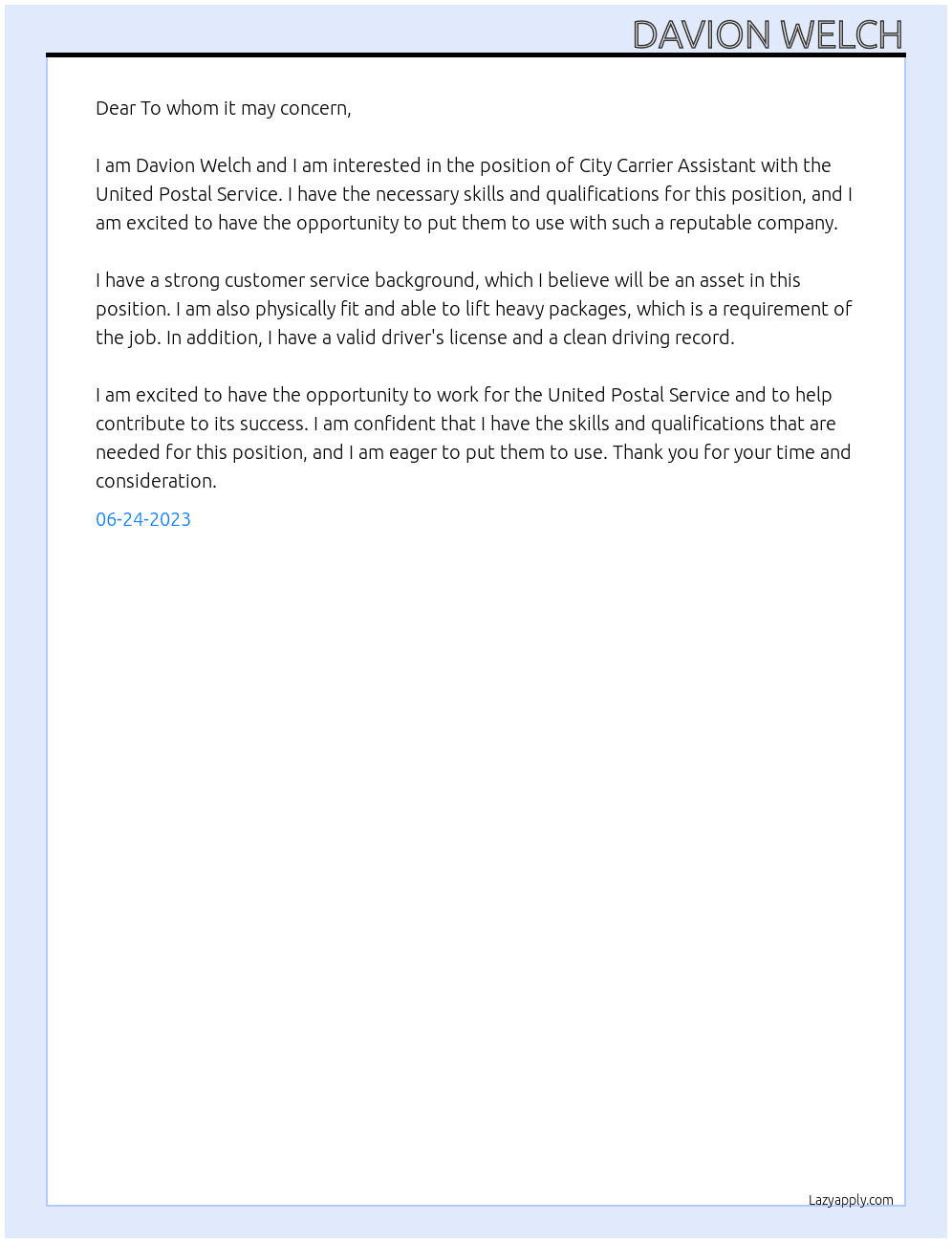 City Carrier Assistant At United Postal Service Cover Letter