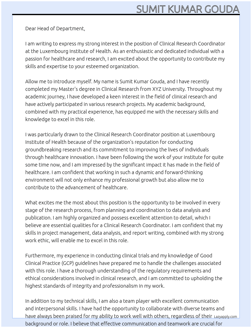 CLINICAL RESEARCH COORDINATOR At Luxembourg Institute of Health Cover Letter