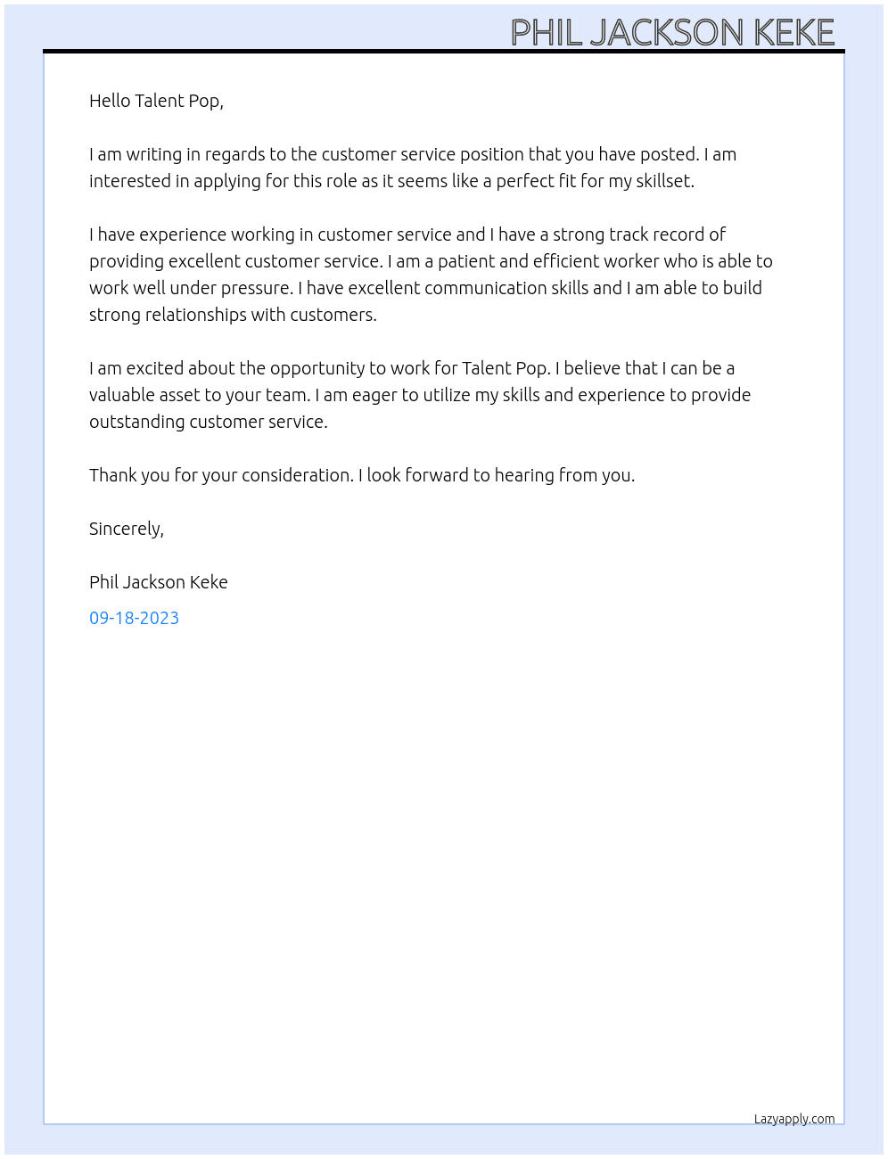 Customer service  At Talent pop Cover Letter