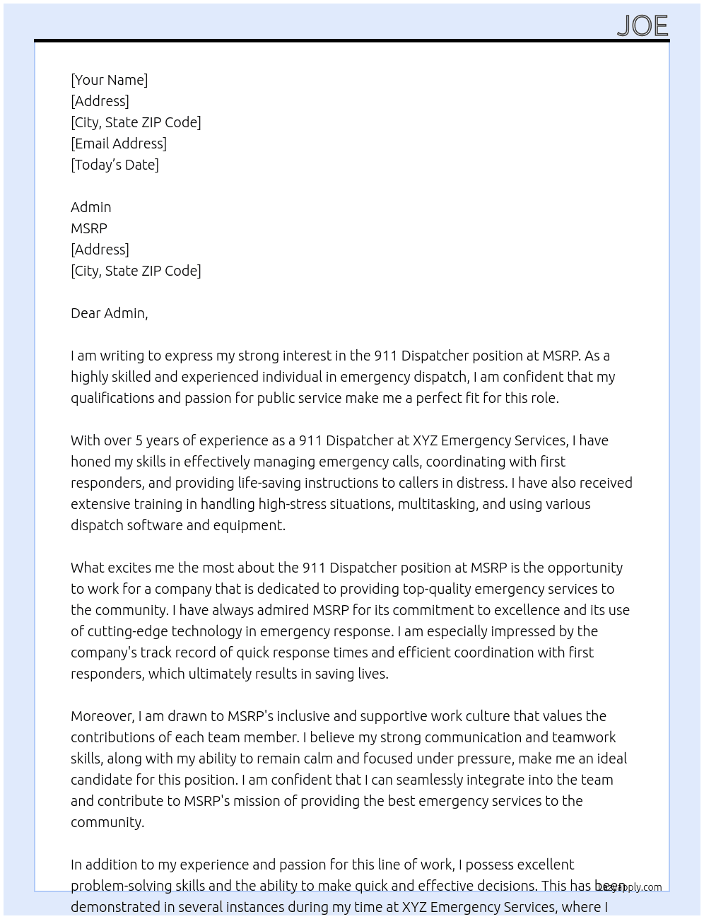 911 Dispatcher At MSRP Cover Letter