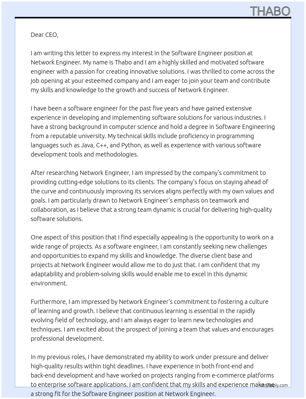 Software Engineer At Network Engineer Cover Letter