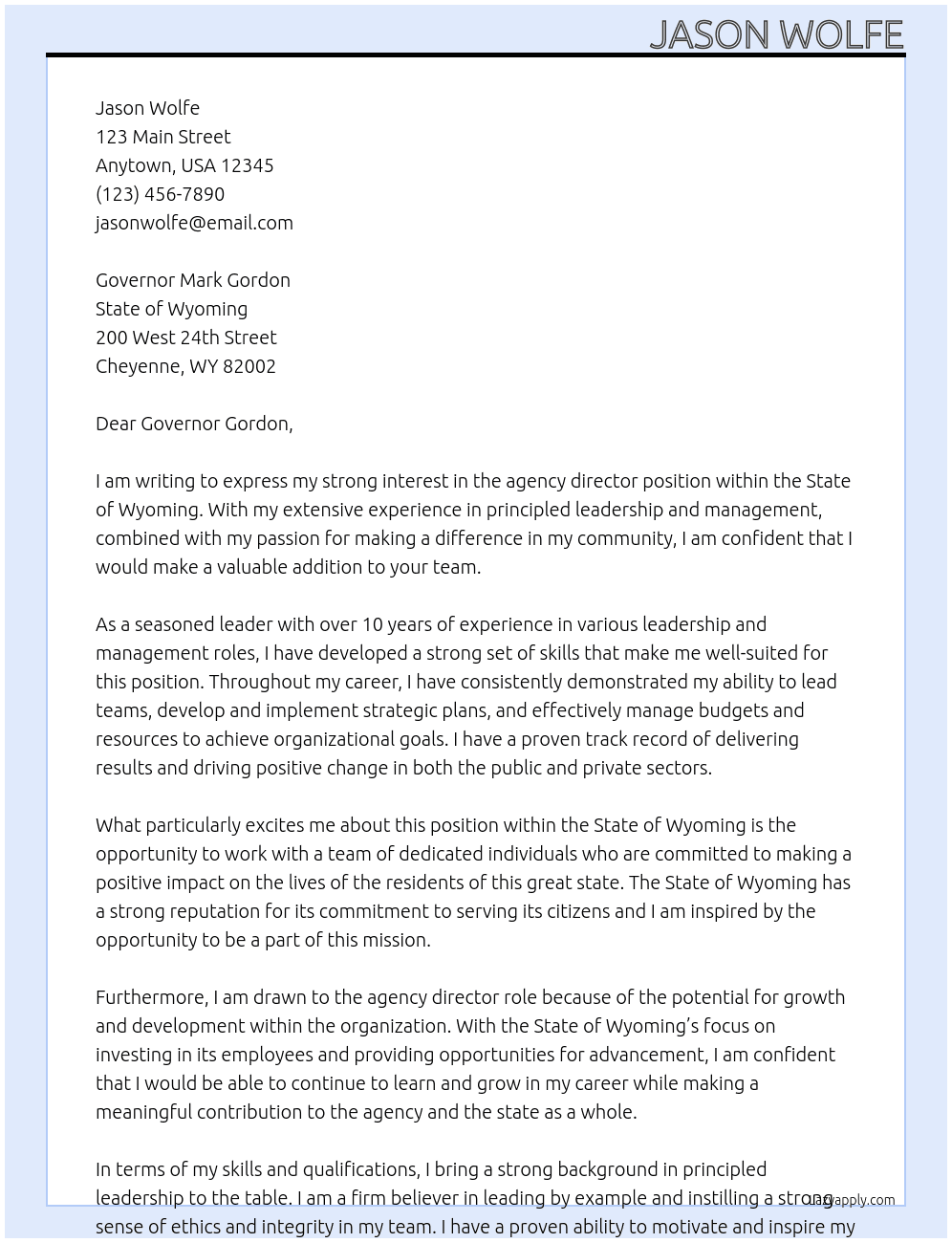 agency director At State of Wyoming Cover Letter