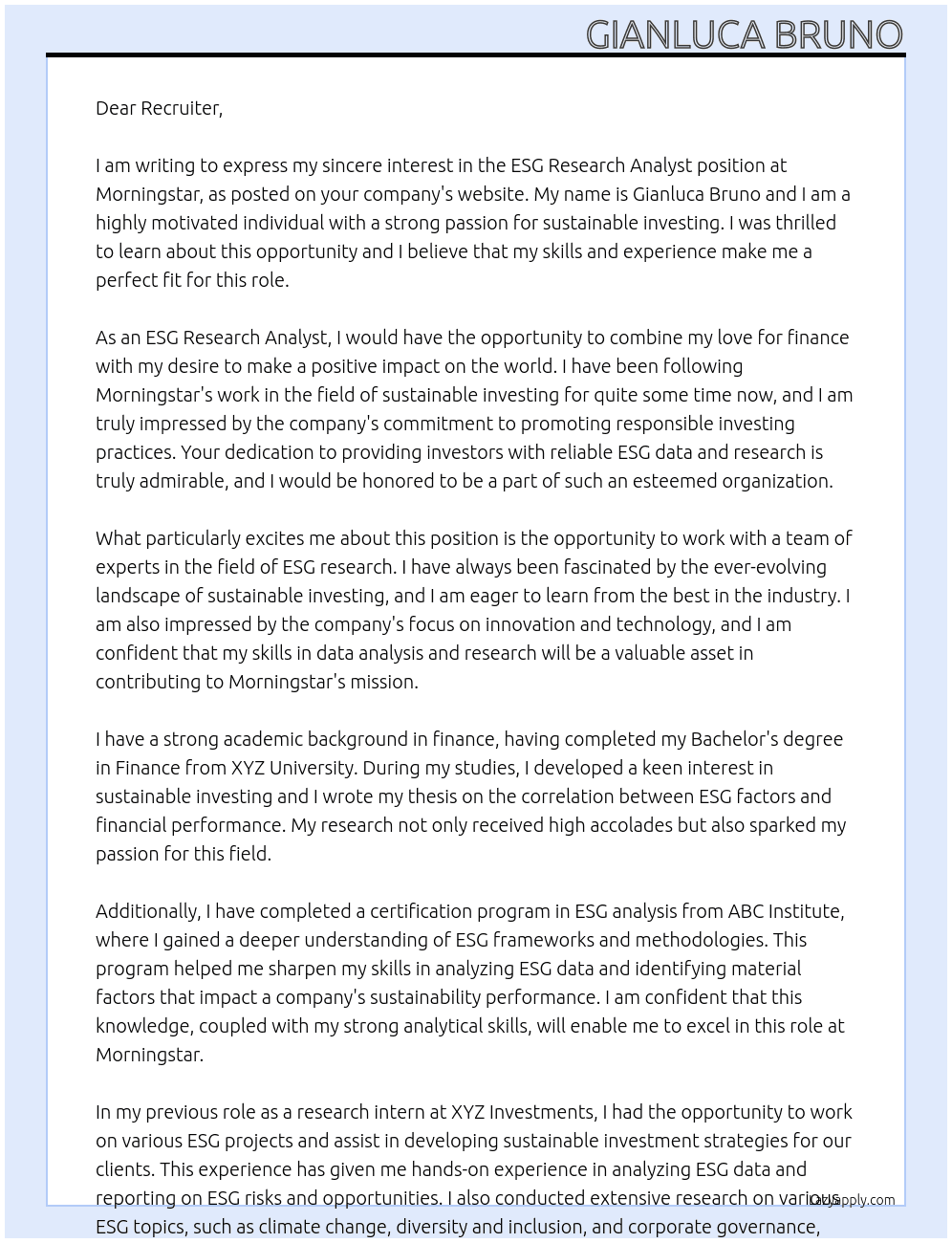 ESG Research Analyst At Morningstar Cover Letter