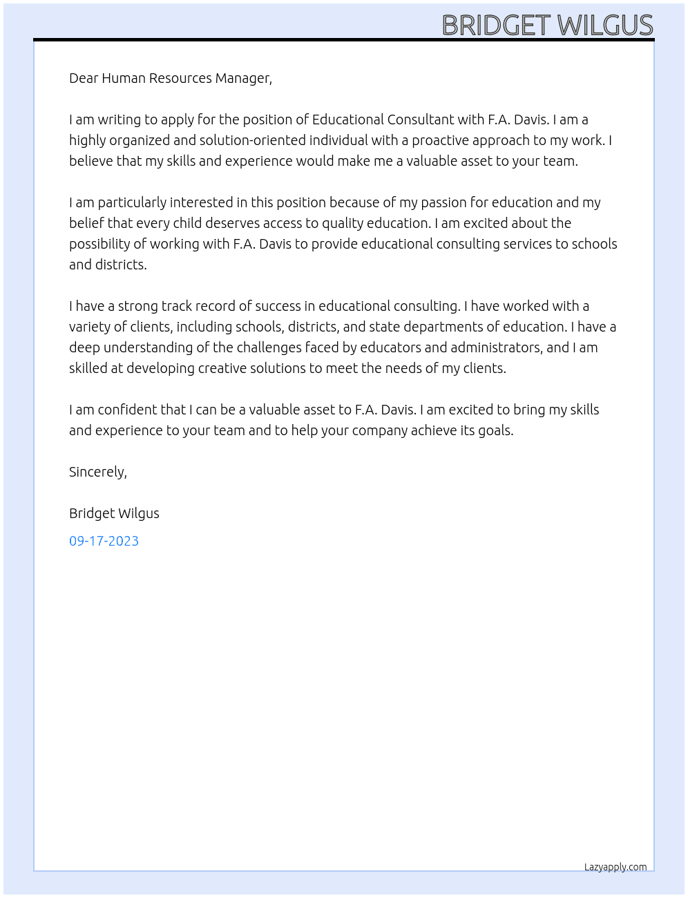 Educational Consultant  At F.A. Davis Cover Letter