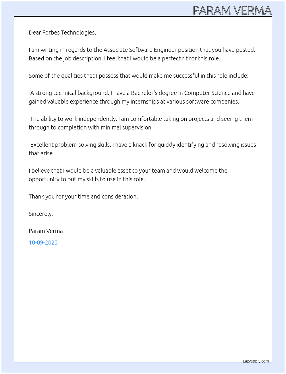 Associate Software Engineer At Forbes Technologies Cover Letter