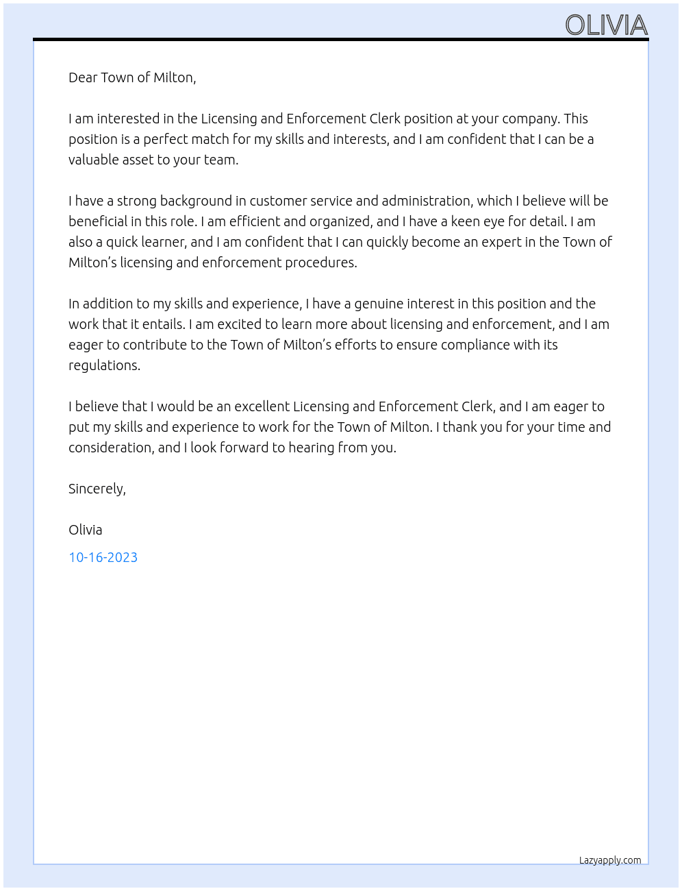 Licensing and Enforcement Clerk At Town of Milton Cover Letter