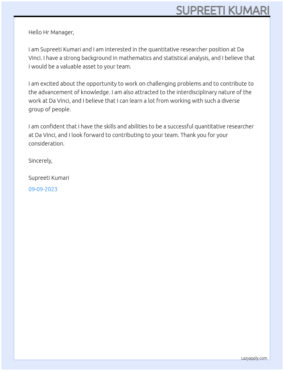 quantitative researcher At Da Vinci Cover Letter