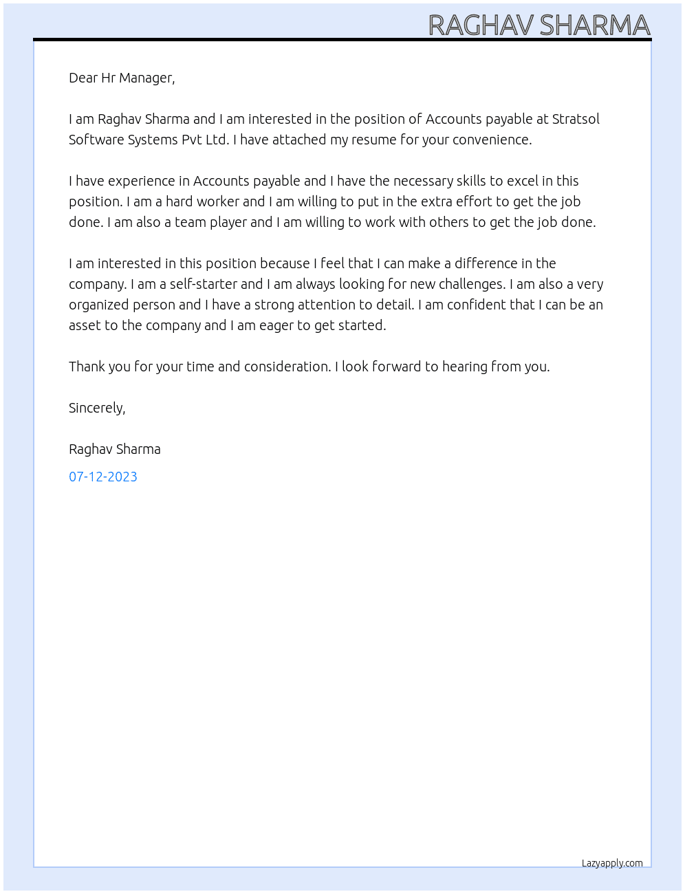 Accounts payable At Stratsol Software Systems Pvt Ltd Cover Letter