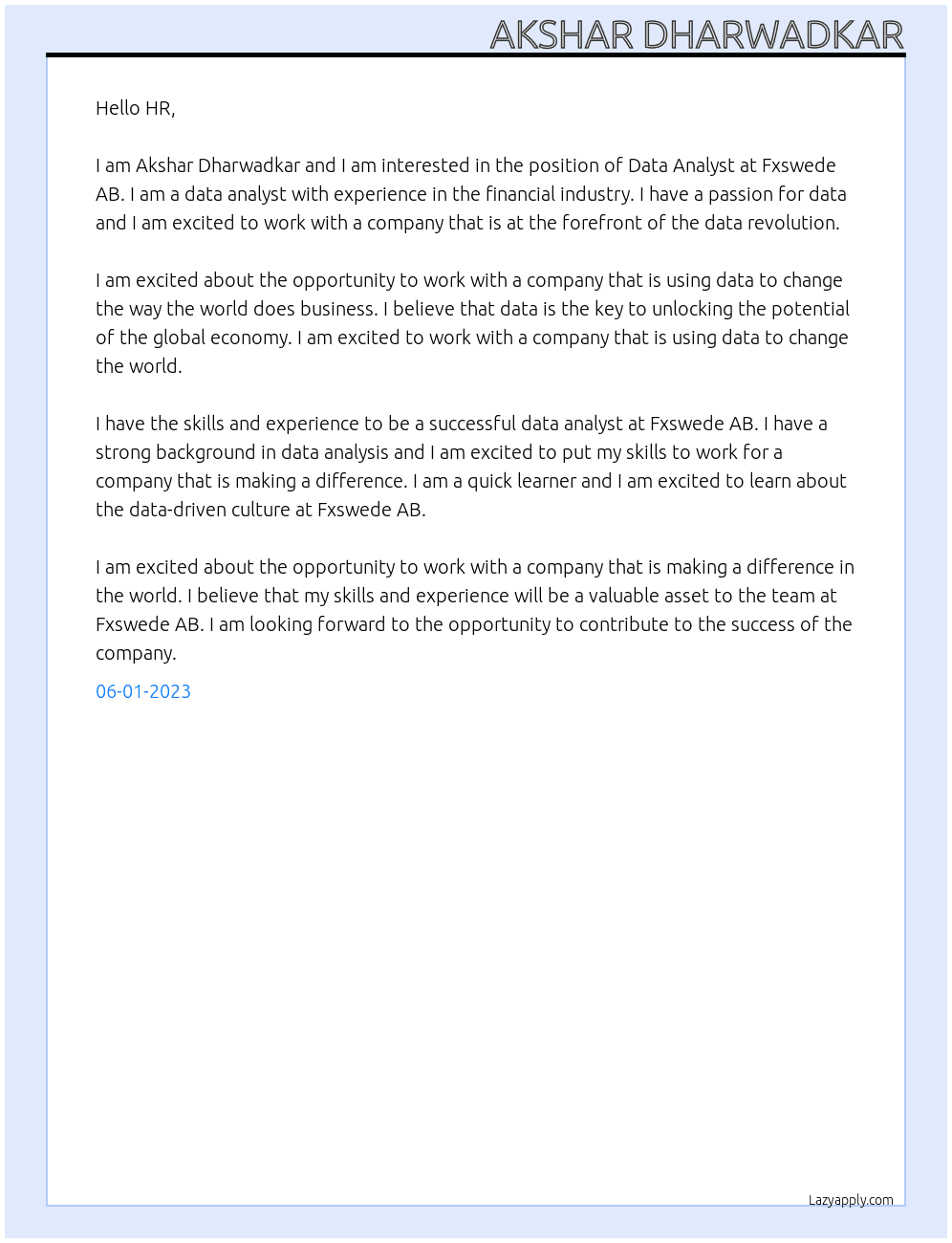  Data Analyst At Fxswede AB Cover Letter