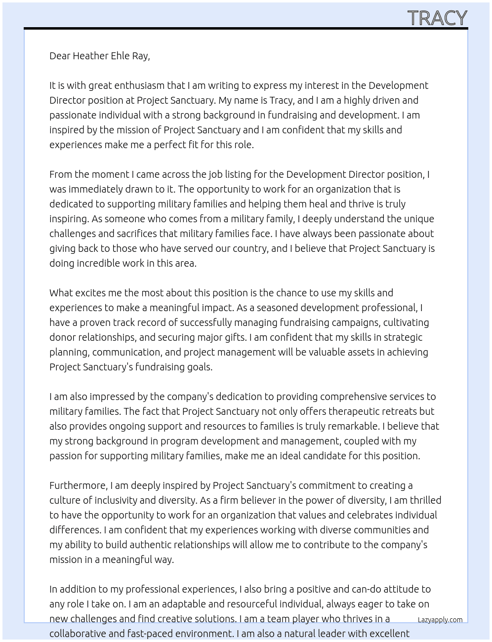 Development Director At Project Sanctuary Cover Letter