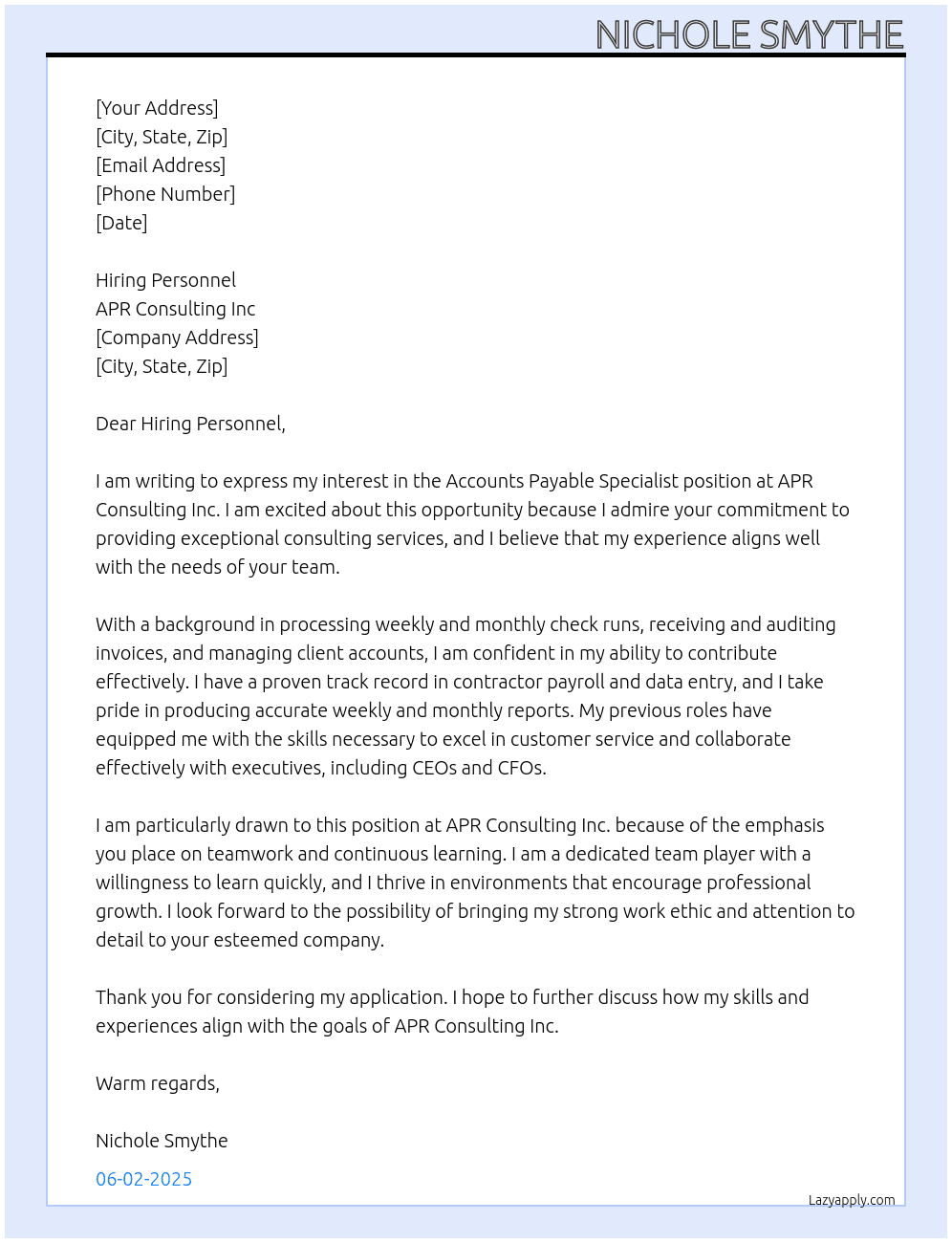 Accounts payable specialist  At APR Consulting Inc  Cover Letter