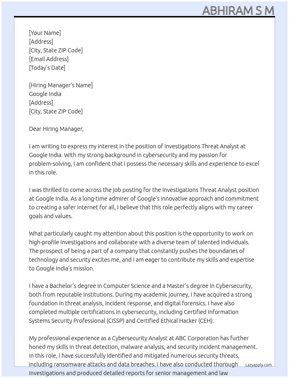 Investigations Threat Analyst At Google India Cover Letter