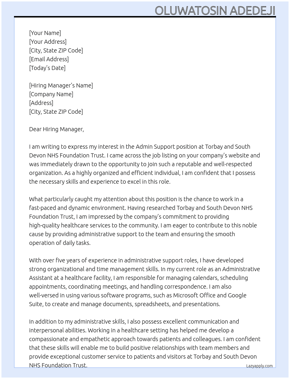 Admin Support At Torbay and South Devon NHS Foundation Trust Cover Letter