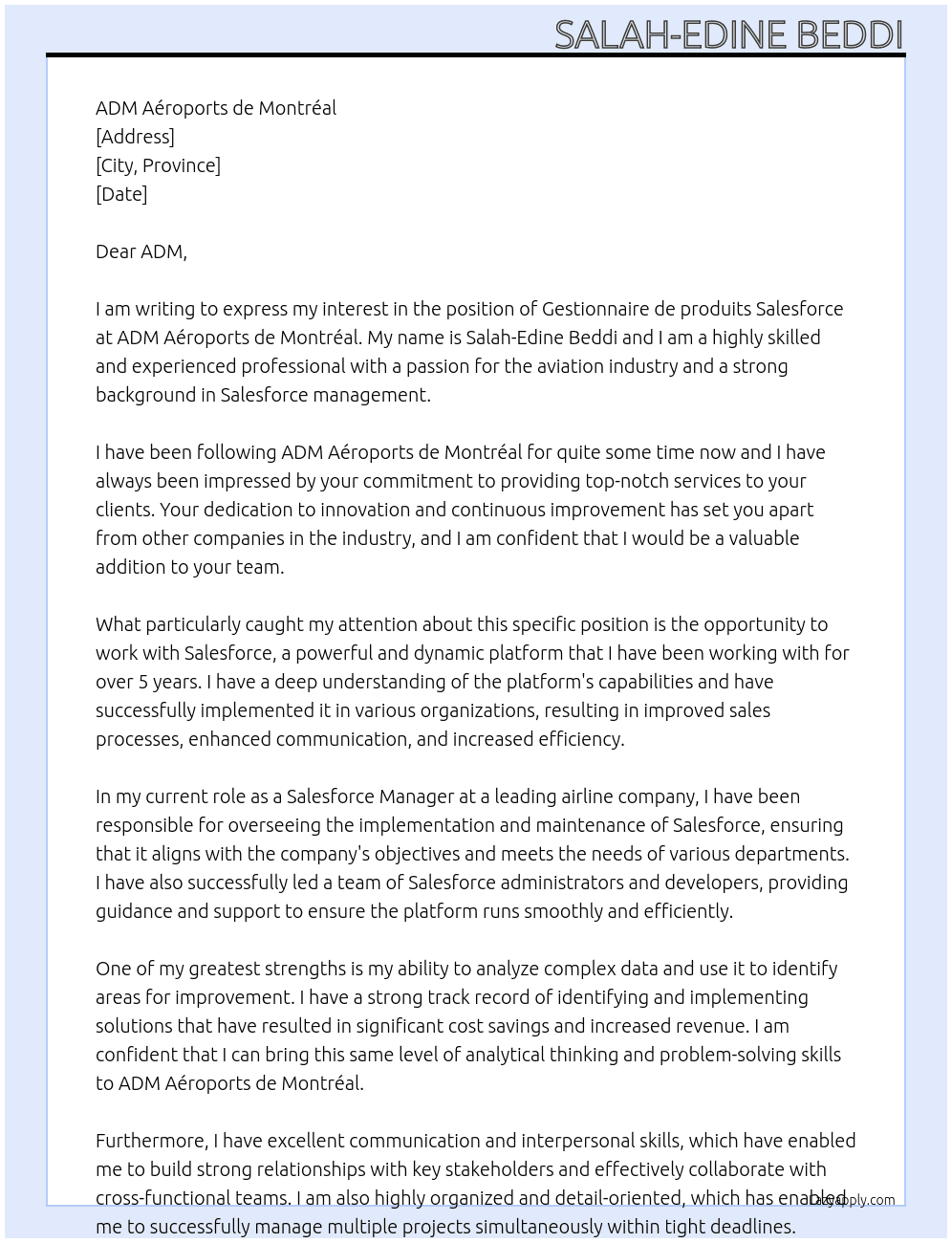 Gestionnaire de produits Salesforce At ADM Aéroports de Montréal Cover Letter