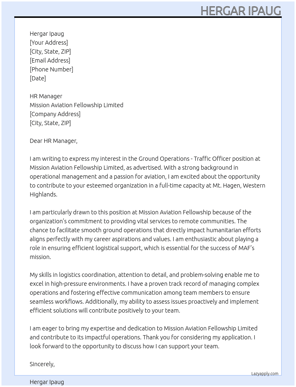 Ground Operations -Traffic Officer At Mission Aviation Fellowship Limited Cover Letter