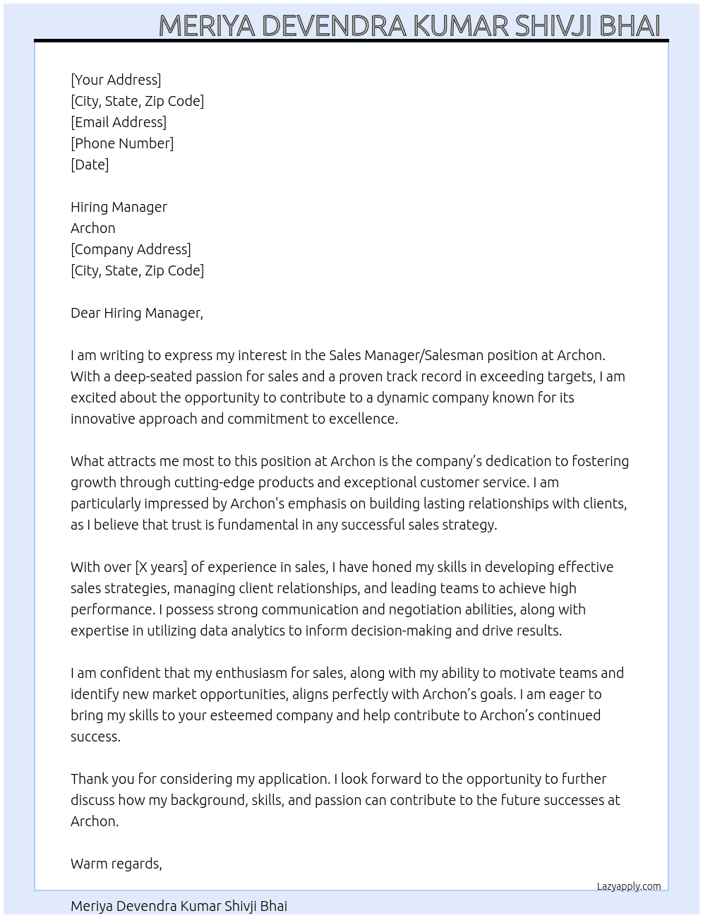 Sales manager, sales man  At Archon  Cover Letter
