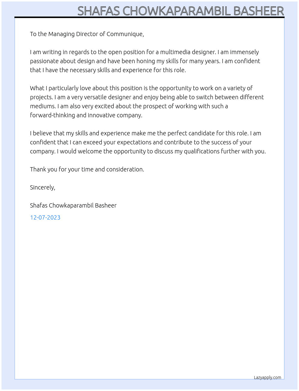 Multimedia Designer  At Communique Cover Letter